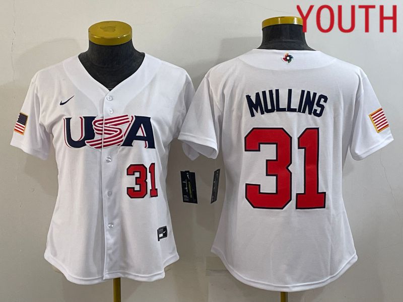 Youth 2023 World Cub USA #31 Mullins White MLB Jersey1